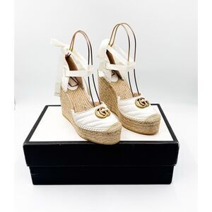 Gucci GG Marmont Quilted Platform Espadrille Wedges Ankle Wrap Sandals